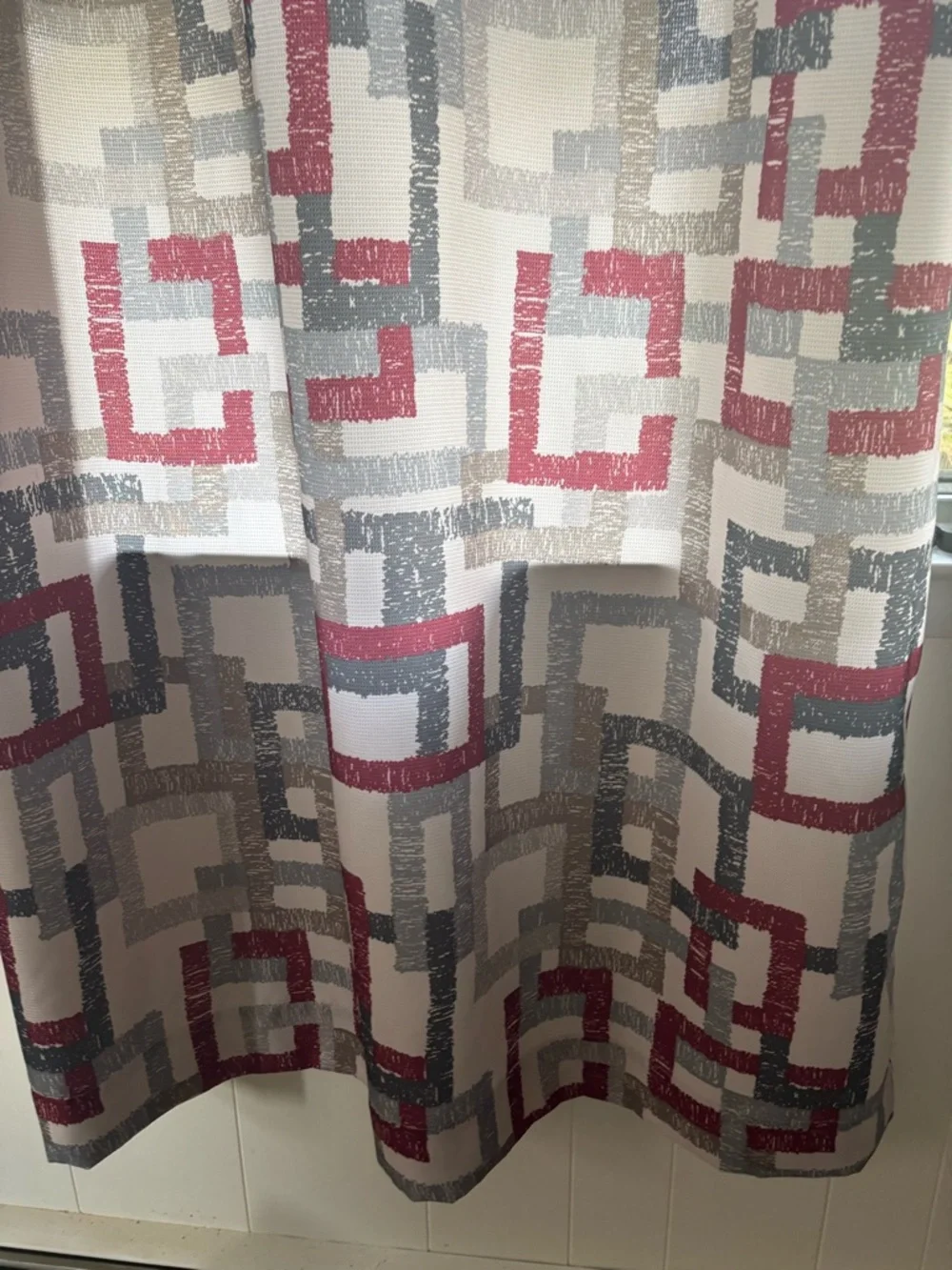 Geometric Pattern Window Curtains in Red, Gray, and Cream